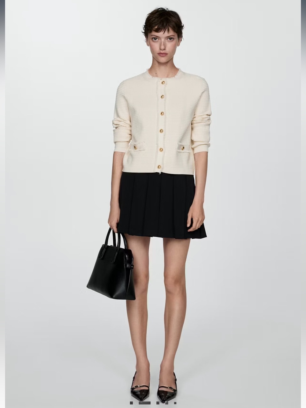 Mango Cream Waffle-Knit Button Cardigan
